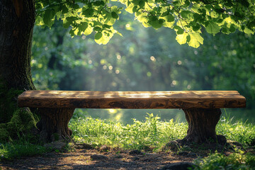 Wall Mural - Empty wooden bench under tree in sunlit forest glade