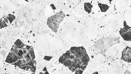 Poster - Polished terrazzo marble floor texture in black and white. Modern white and black marble terrazzo texture with abstract patterns. Exquisite white and black marble floor, a stunning display of natural 