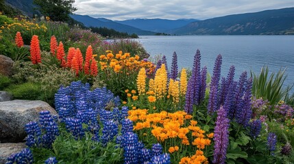 Sticker - Vibrant lupines and wildflowers bloom along a serene lake, nestled in a mountain valley.