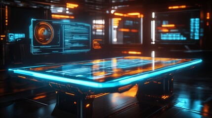 A futuristic control room featuring a glowing table with digital displays and vibrant blue and orange lighting.