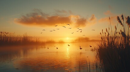 Poster - Sunrise over calm lake with birds flying and reeds.