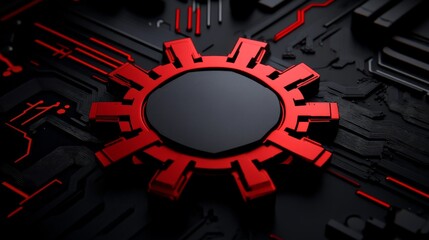 Wall Mural - red gear in a black circuit: a 3d rendered red gear, set against a backdrop of sleek, futuristic bla