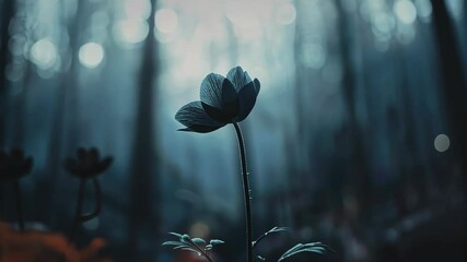 Wall Mural - Beautiful single flower in a misty forest during early morning light