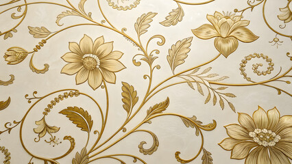 an intricate hand-drawn golden floral background featuring delicate flowers and leaves with swirling