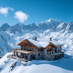 Cozy Mountain Lodge Surrounded by Majestic Snow-Capped Peaks in a Clear Blue Sky, Ideal for Winter Retreats and Scenic Getaways