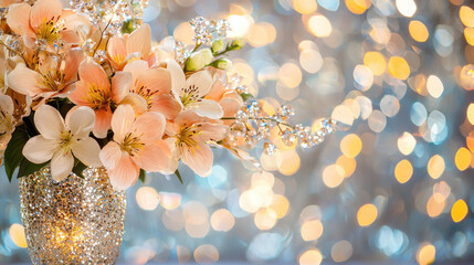 Wall Mural - Beautiful arrangement of peach and white flowers in sparkling vase, set against shimmering bokeh background. soft colors and glimmering lights create serene and elegant atmosphere