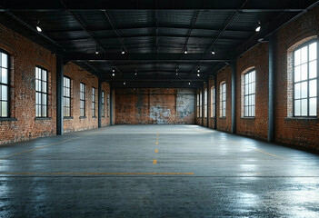 Canvas Print - Industrial loft style empty old warehouse interior brick wall concrete floor and black steel roof