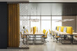 © Who is Danny - Modern coworking office interior with yellow chairs, long desks, and computers, featuring a decorative partition and city view windows. 3D Rendering