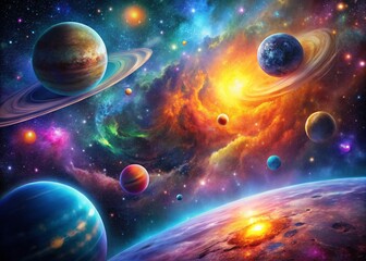 Wall Mural - Cosmic Landscape: Distant Planets, Nebulas, and Stars in a Vast Expanse of Space