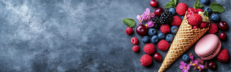 Wall Mural - Close-up of colorful macaroons, berries, on dark blue background. Concept: Lifestyle, Birthday, Women's Day holiday atmosphere. Image with space for text. Generative AI.