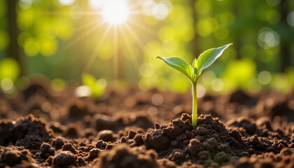 Seedling emerging from soil in warm morning light, growth and renewal