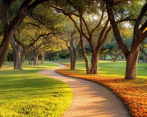 Poster - Winding path through sun-dappled park with vibrant flowers.