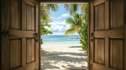 Wall Mural - Traditional wooden door opening to a tropical beach with palm trees, white sand, and sparkling turquoise waters