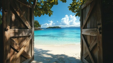 Canvas Print - White sandy beach and crystal-clear waters seen through an open wooden door, leading to a tropical paradise