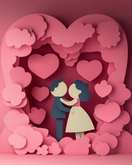 Poster - Romantic paper art scene featuring a couple surrounded by hearts