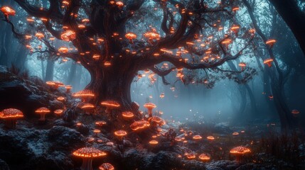 Wall Mural - Glowing Mushrooms Illuminate Enchanting Forest Tree