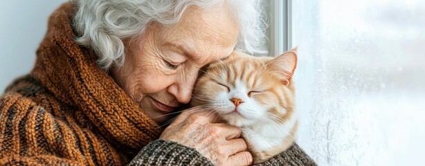 Canvas Print - Loving companionship between cat and elderly concept. A woman enjoys a warm moment with her cat by the window