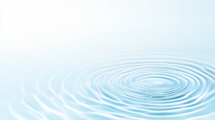 Poster - Concentric ripples expanding gracefully across a light blue water surface after a drop falls, creating a calming and meditative atmosphere with soft, delicate light