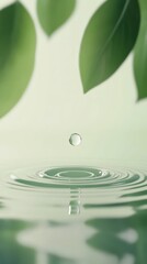 Poster - Single drop of pure water creating ripples in a pond with green leaves blurred in the background, conveying purity, freshness, and tranquility
