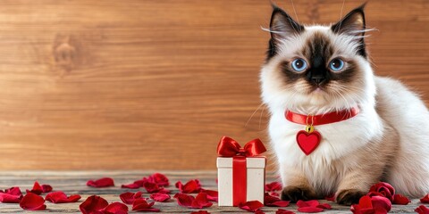 Canvas Print - Cat with roses and Valentine’s gift. Cute cat surrounded by rose petals and a gift box for Valentine's Day