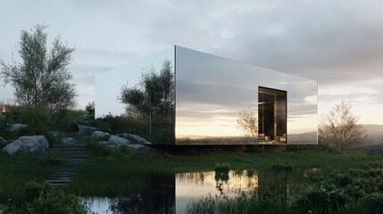 Canvas Print - Mirrored Cube House Reflecting Landscape Sunset