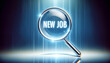 © Colors of Earth Co. - Futuristic job search graphic featuring ‘now hiring’ and ‘new job’ text through a magnifying glass