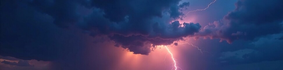 Dark stormy sky with lightning bolt and clouds at dusk, sky, heavy rain, dark