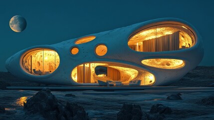 Canvas Print - Futuristic Cave Home Illuminated At Night Under A Moon