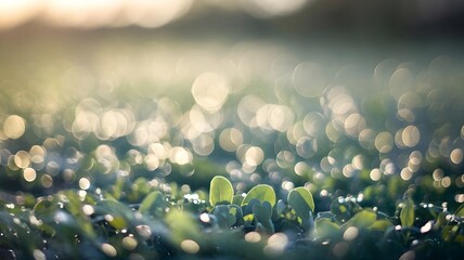 Wall Mural - Field of Grass with Water Droplets and Soft Natural Bokeh Background