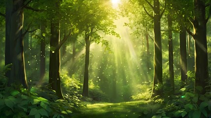 Wall Mural - Sunlight Illuminating a Vibrant Green Forest with a Soft Bokeh Background