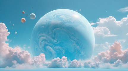 Wall Mural - Vibrant blue planet surrounded by clouds and distant celestial bodies in a serene cosmic landscape