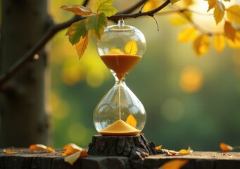 Wall Mural - Beautiful hourglass surrounded by autumn leaves in a serene natural setting