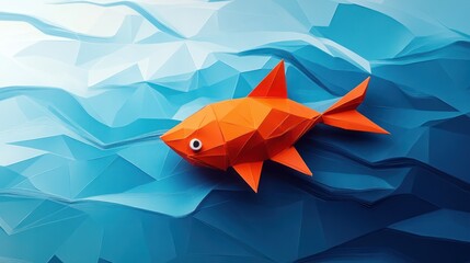 Wall Mural - Origami red orange paper fish on blue water background 