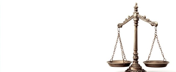 Wall Mural - Photo of a balance scale on a white background, symbolizing justice and law with copy space for text or design. Web banner with a low depth perspective