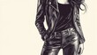 © Watanabe - Woman in leather jacket and high heels, retro charm with a modern edgy look sketch engraving