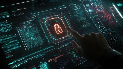 Cybersecurity Interface: Digital Lock on Futuristic Screen