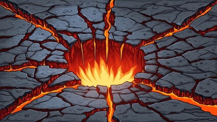 Volcano ground texture with lava in cracks and broken stones. Volcanic rocks with light effect in fissures and land surface breaks with hot magma, vector cartoon illustration