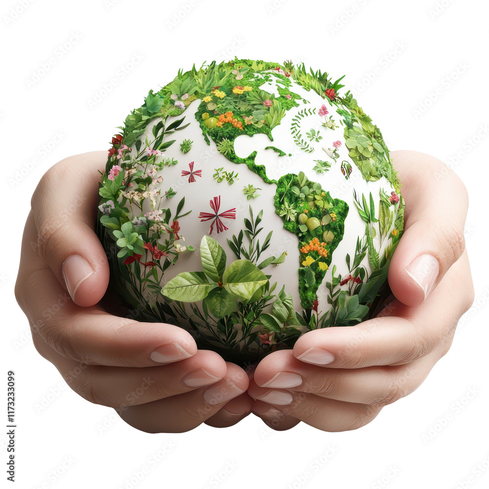 Hands holding a white globe covered with flowers and greenery on a ...