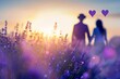 © IULIIA - A couple in love in a lavender field at sunset. The guy in the hat is walking with the girl. The concept of the Valentine's Day holiday. copy space
