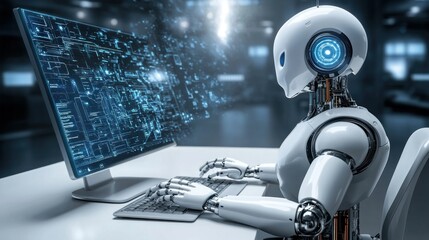 Advanced AI Robot Working on a Computer, Futuristic Technology Concept