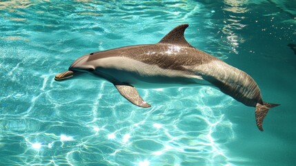 Poster - Pacific bottlenose dolphin gliding gracefully through crystal clear turquoise water, creating mesmerizing ripples and reflections while basking in the warm sunlight