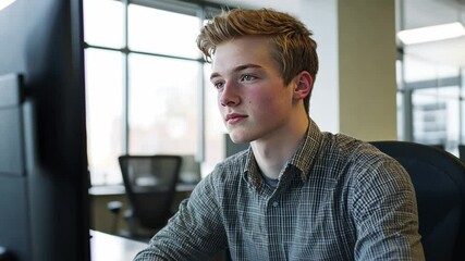 Wall Mural - a young man designs intelligent office systems for collaborative and mobile-friendly workplaces.