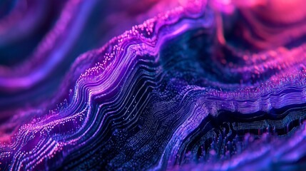 Poster - Abstract purple and pink textured landscape with wavy lines and glowing particles.