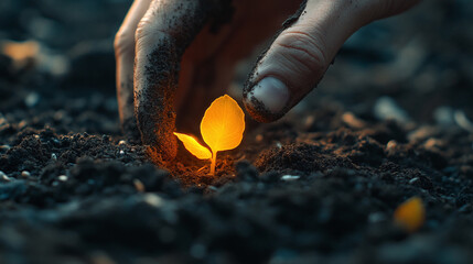 Closeup of hand planting a yellow wheat seed in garden dirty soil ground. agriculture gardening growth, organic vegetable farming, seedling in land, cultivation, ecology.