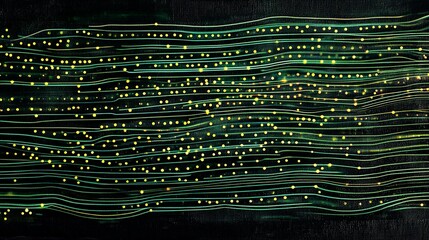 Poster - Abstract wavy lines with glowing particles, dark green background.