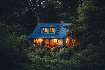 Poster - Cozy cabin nestled in lush greenery at twilight, warm interior lights glow invitingly.
