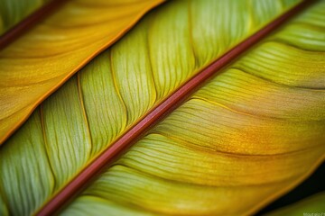 Poster - Close-up of vibrant yellow-green leaves with prominent red midrib, showcasing intricate leaf veins and texture.