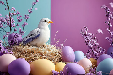 White bird nesting among pastel Easter eggs and blossoms
