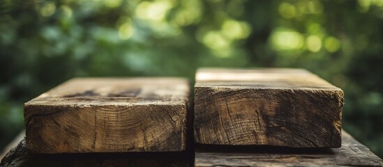 Leinwandbilder - Two rustic wooden blocks on a blurred green background.