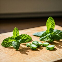 Fresh Mint Leaves on Cutting Board